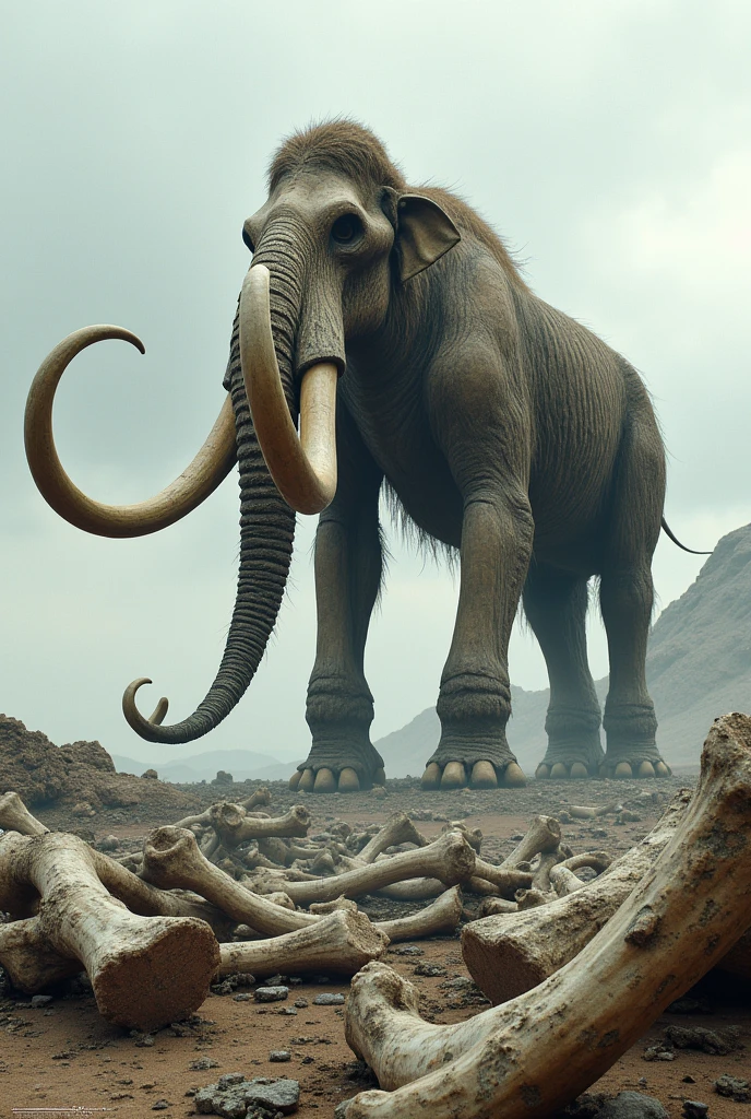 Mammoth leg bones body bones and horn on the floor

