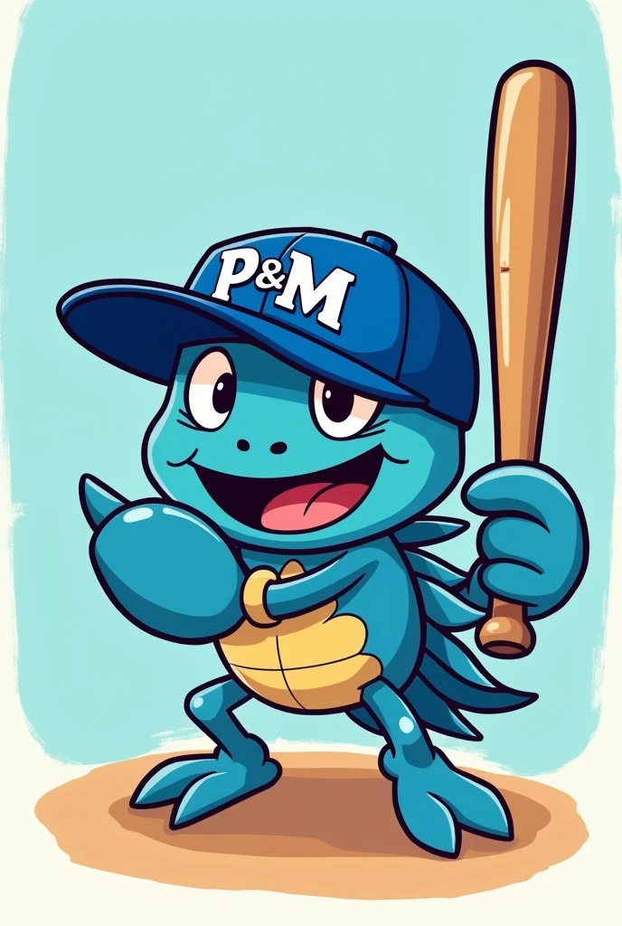 Blue crab in cartoon style with baseball bat in batting stance with blue cap that says P&M in capital letters on the front.