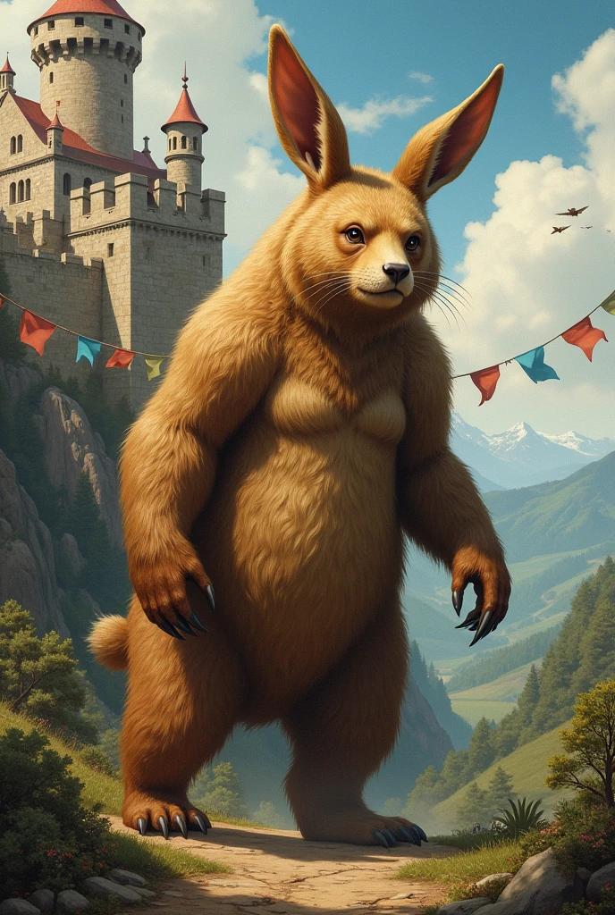 Could you make me an unrealistic medieval illustration?, about a bear joined with a rabbit
