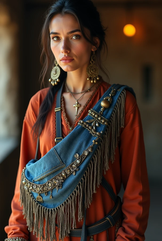 Romani woman with hand crafted fringed sling bag around her shoulder. The bag is made of denim and has fringes and lot of antique accessories hanging over it. The bag is clearly visible in front. 