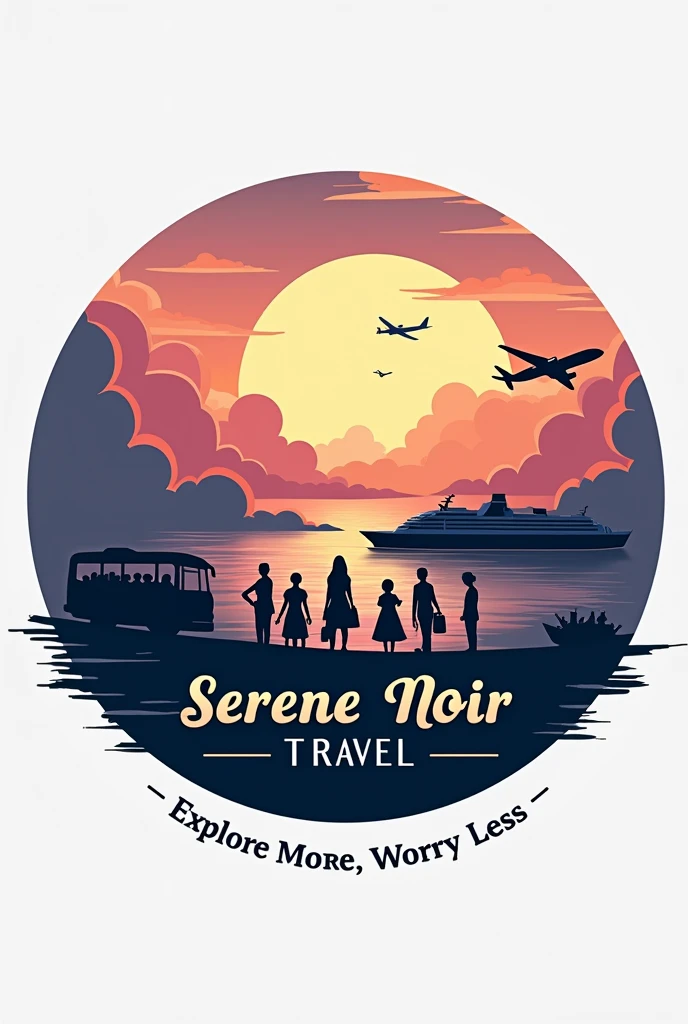make me a simple LOGO circle of a Serene Noir Travel with a vibe of relaxing vacations, inspired by hotel de luna and on piece, colorful, bus, airplane, cruise ship, clouds, tour guides, travelers, and the name of travel agency is "SERENE NOIR TRAVEL" and it's slogan "explore more, worry less'' 