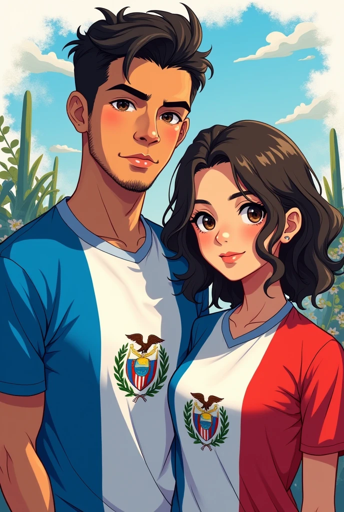 GUATEMALAN MAN AND ECUADORIAN GIRL WITH shirt FLAGS as a anime character for a profile picture