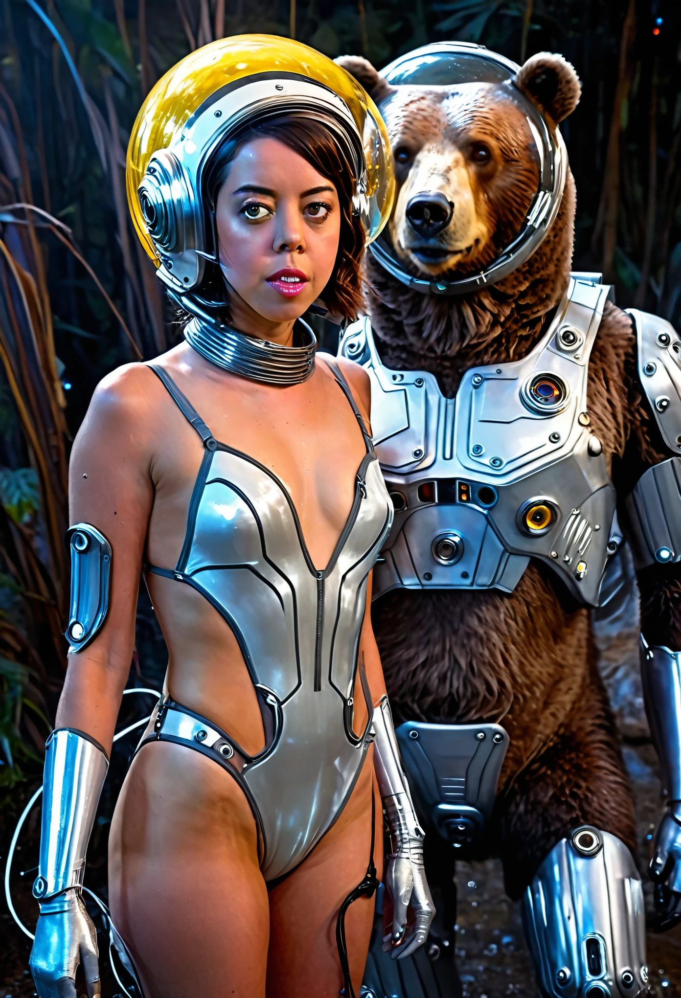 a beautiful girl (aubrey plaza) in a 60s sci-fi styled spacesuit, sexy silver space swimsuit, bubble helmet, fancy electronic tools, being guarded by her (brown bear cyborg companion, blinking lights, mechanical components) in a bubble helmet, on an alien world, 8k, extremely detailed, photorealistic, cinematic lighting, vibrant colors, concept art style
