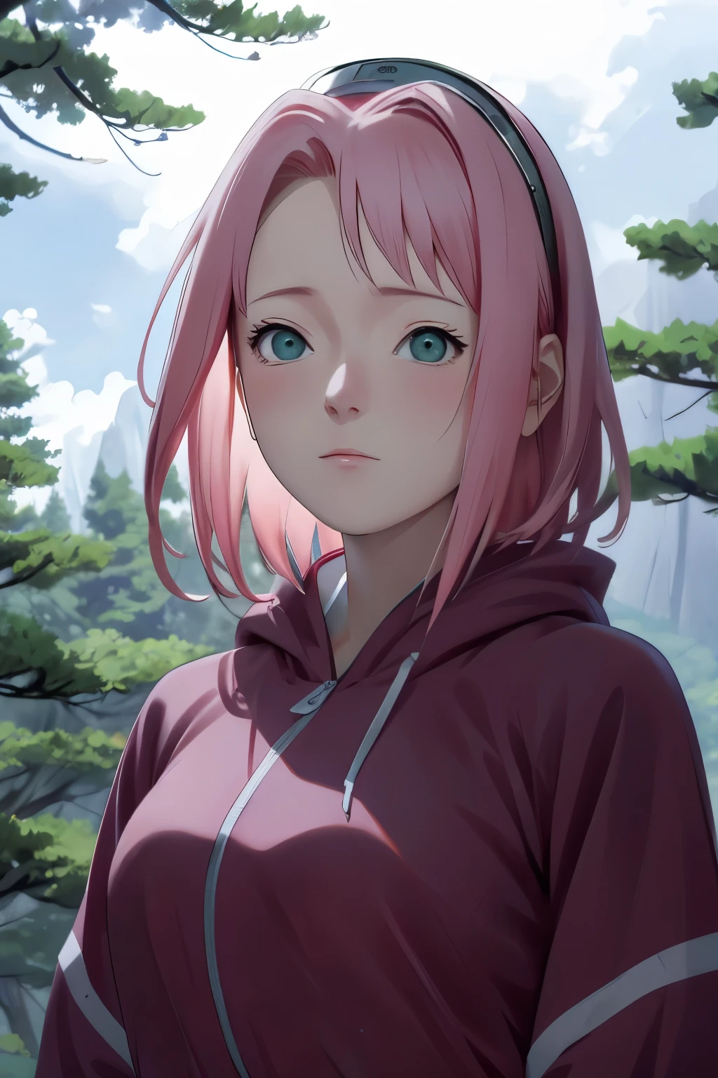 Sakura NS、8k、masterpiece、Best image quality、Very detailed、Perfect body、Looking up at the sky、Large Breasts、Skin glows、hoodie、Real、scenery、Cloudy、in the forest、Ultra Close-Up、Photographed from the front、Wide-angle lens、Close-up of face