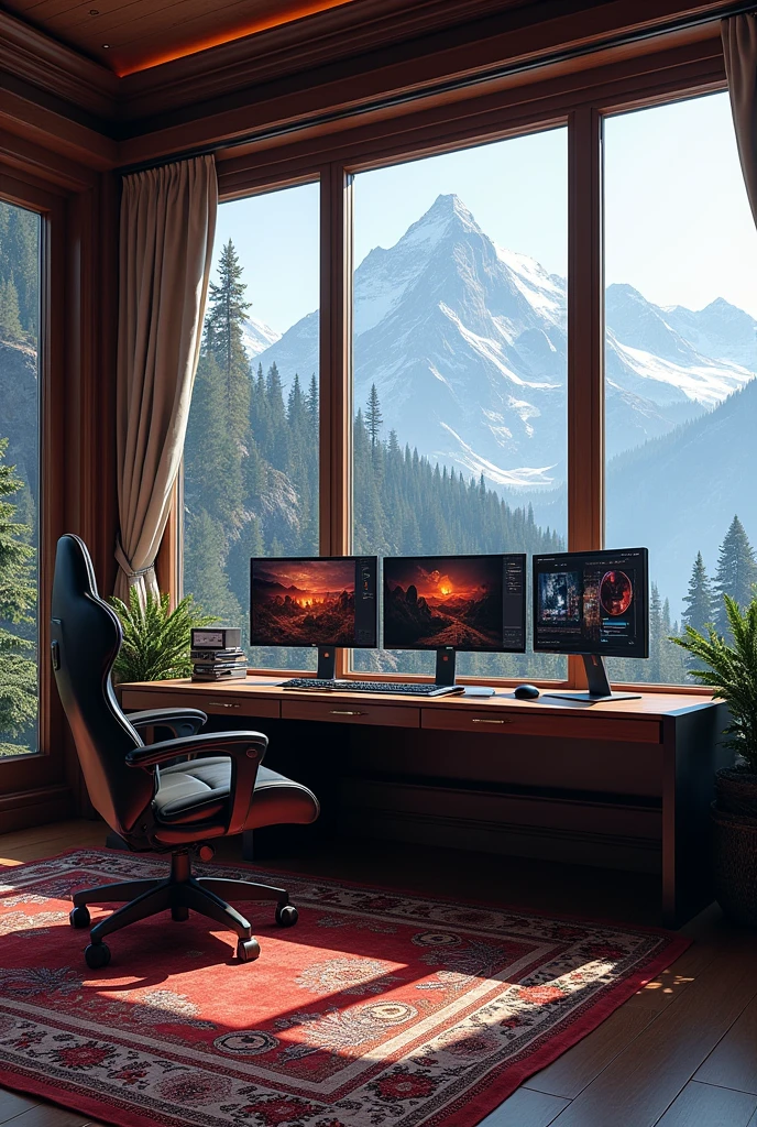 A beast gaming room with mountain side view and playing GTA V in his PC