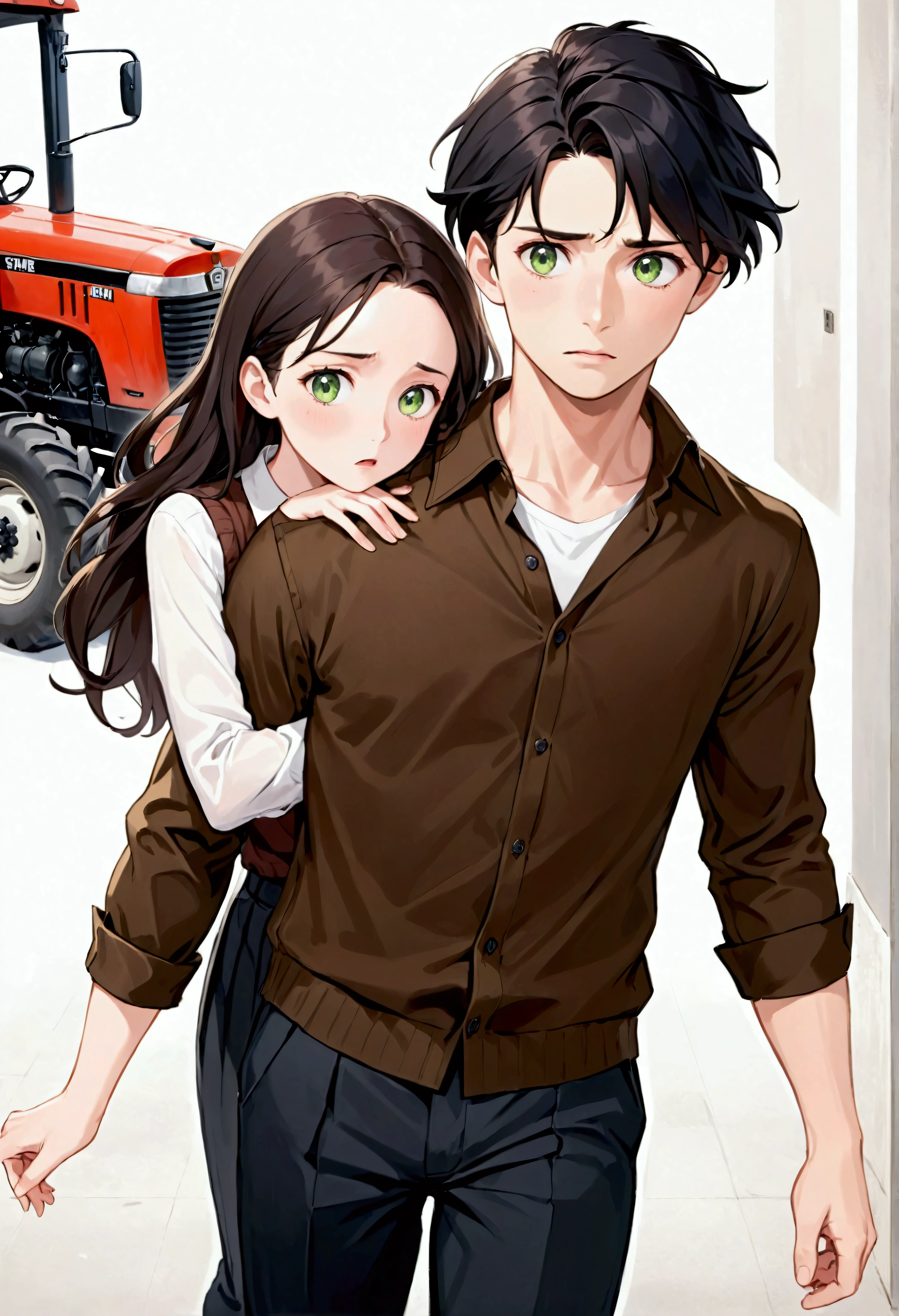 Create an image, in the style of drawing for book cover, of a young woman of about twenty-three years old with long hair, brown in color and wavy, green eyes and white skin, she must be in the arms of a man both with a slightly surprised expression, as if she had fallen and he had caught her before it happened. This man must look young too, with white skin and black hair, he must be tall and have an athletic body, broad shoulders and steady hands. Your face should be masculine with strong eyebrows and dark eyes.. Men&#39;s hair should be slightly wavy, almost smooth and black in color. She should be wearing a black pleated skirt above the knees with an ivory colored button-down long sleeve blouse., over the shirt she must be wearing a brown sleeveless sweater and tractor moccasin shoes, and he must be wearing a white button-down shirt tucked into his black pants, his shirt sleeves should be rolled up to about the elbow and a brown oxford dress shoe. The image should convey a youthful and fun air., She should look like a flustered young lady who is surprised by the situation and he should look like a firm, sarcastic man who is pleasantly surprised by the situation.