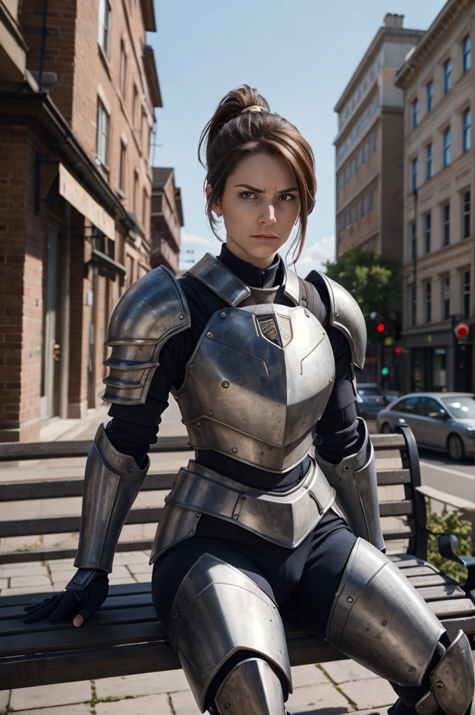 brig, brown hair, ponytail, armor, power armor, looking at viewer, serious, sitting, on bench, outside, city, blue sky, high quality, masterpiece,