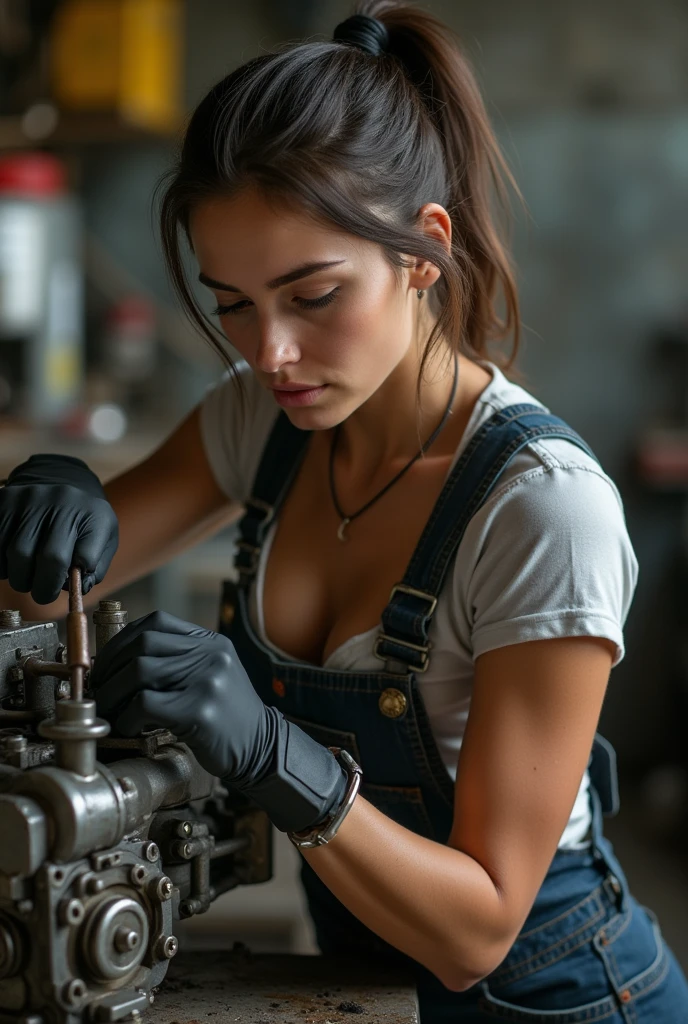 beautiful girl, mechanic, worker, cleavage,