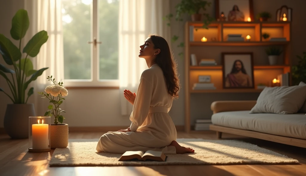 ultra realistic image of a 30 year old woman kneeling with her eyes closed thanking God for another day that begins, dressed in a refined manner, in the living room of your home with modern decor, in the background plants, illuminated wooden bookshelf, happy jesus with open arms picture, on desk, burning candles, the bible with a white rose inside, daylight coming through the window and illuminating her head, convey depth