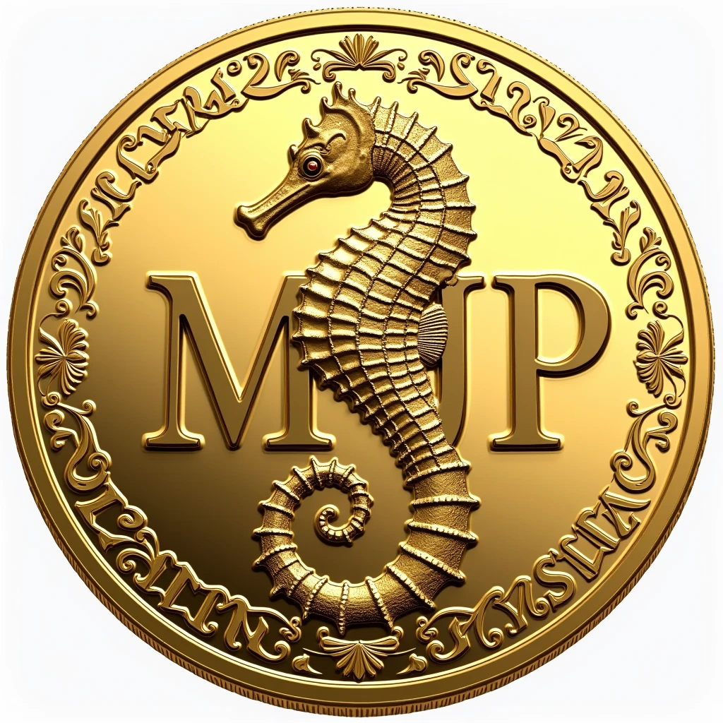 A coin with the letters MJP in the center is created. A seahorse design in the center. Gold, high quality, luxurious image. The letters JAPAN and Malaysia are on the outside.