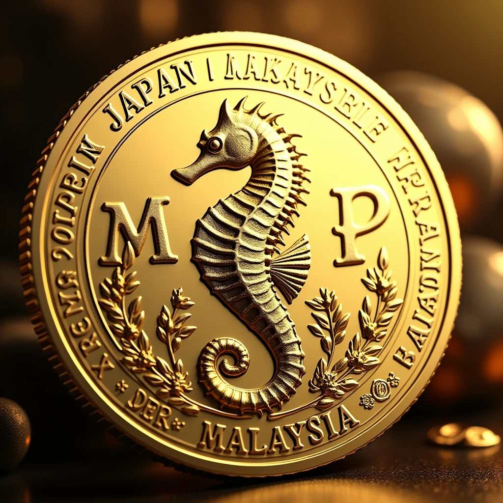 A coin with the letters MJP in the center is created. A seahorse design in the center. Gold, high quality, luxurious image. The letters JAPAN and Malaysia are on the outside.