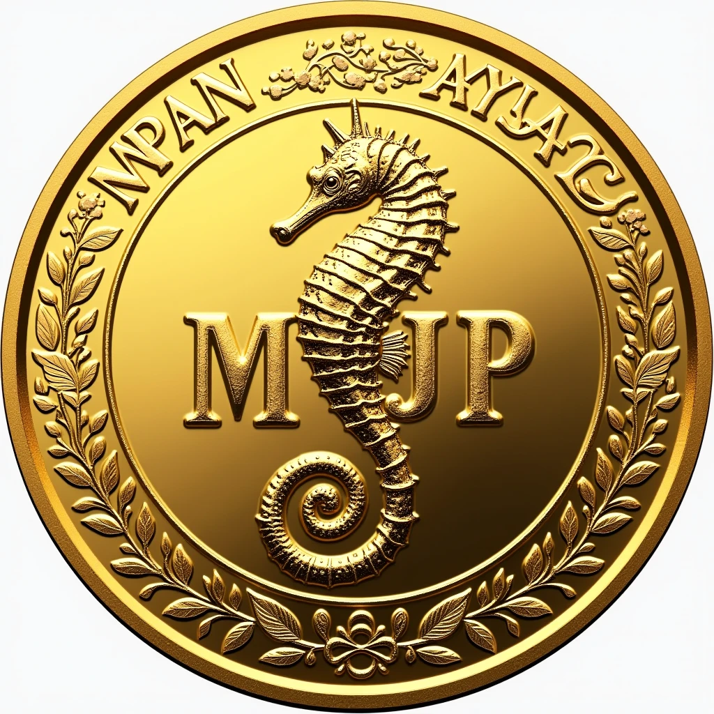 A coin with the letters MJP in the center is created. A seahorse design in the center. Gold, high quality, luxurious image. The letters JAPAN and Malaysia are on the outside.
