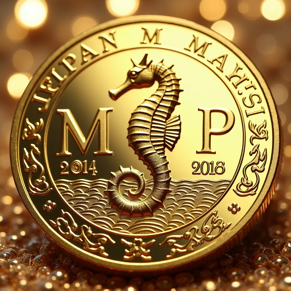 A coin with the letters MJP in the center is created. A seahorse design in the center. Gold, high quality, luxurious image. The letters JAPAN and Malaysia are on the outside.