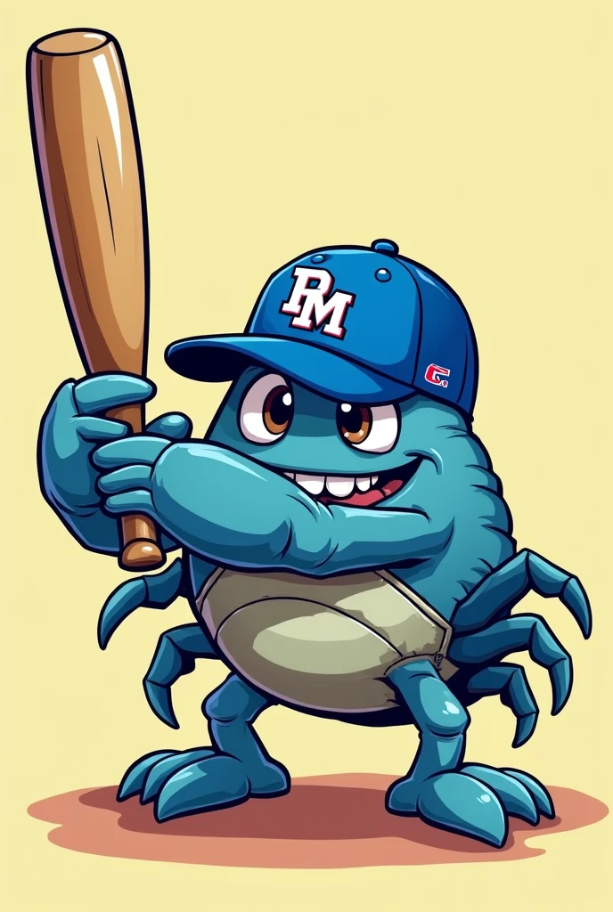 Blue crab in cartoon style with baseball bat in batting stance with blue cap that says P&M in capital letters on the front.
