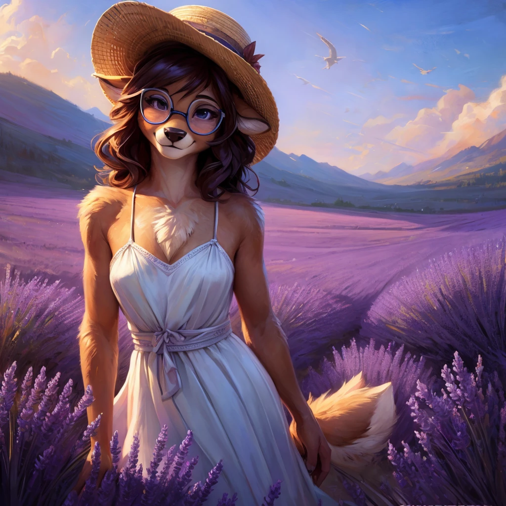 uploaded on e621, artstation, by Pixelsketcher, by Bayard Wu, by Thomas Benjamin Kennington , by Einshelm, by hioshiru and kenket, Chunie, portrait, solo anthro female deer doe, with small featureless breasts, clear dark blue, cinematic lighting, day, sunny day, lavender field, stays in a lavender field, lavender field background, mediterranean background, horizon background, shiny, short curly dark brown hair, wears big black nerd glasses, very very beautiful furry art, furry art, smiling, joyful, shiny, happy, feminine, cute face, muzzle, fluffy chest, flawless face, Fallow deer, 1girl, Sakimichan is beautiful, Masterpiece, Wavethesallow Face, shiny, Detailed image, portrait, Detailed image, portrait, full body, wearing pure white and wide spaghetti straps dress, wearing big and wide beige summer straw hat, shiny, realistic face, perfect anatomy, hourglass body, (furry body:1.1), anthropomorphic deer, looks at the viewer, small fluffy tail, detailed background, (cute anatomy:1.1), walks in a lavender field