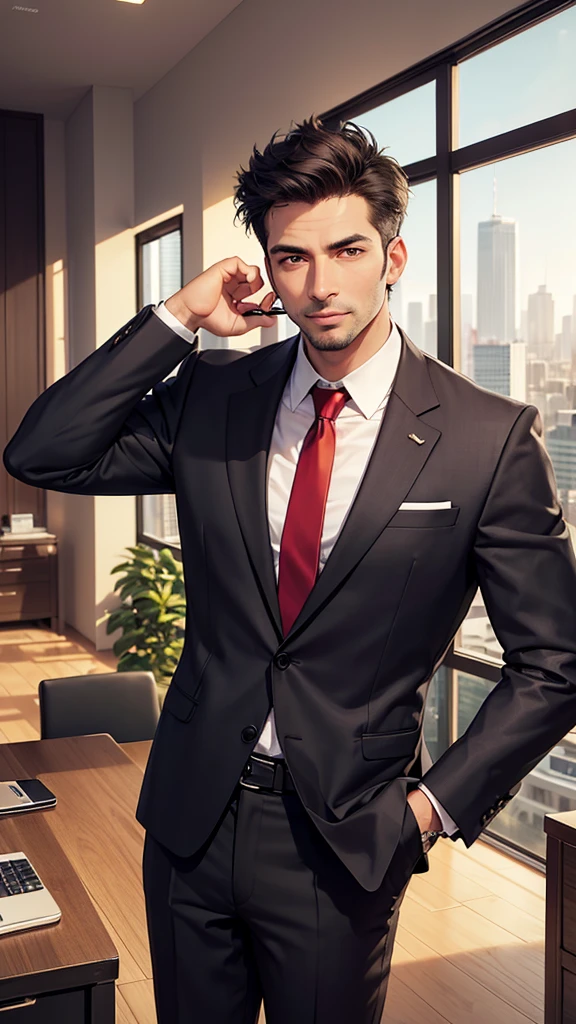 "A confident businessman in his early 40s, of Caucasian descent, standing in a luxurious, high-rise office with floor-to-ceiling windows. He has short, neatly styled dark brown hair and is wearing a well-fitted charcoal gray suit, a crisp white shirt, and a red silk tie. He has a look of satisfaction and accomplishment on his face, with a slight smile. His arms are crossed, and he is looking out the window at a panoramic view of a bustling city skyline, filled with towering skyscrapers and bright lights. A large, sleek wooden desk is visible in the foreground, with a laptop, a few neatly organized documents, and a stylish pen holder. The office is tastefully decorated with modern art pieces and a plush leather chair. The lighting is warm and inviting, casting a golden glow, symbolizing success and prosperity. The theme is triumph and achieving one's goals in the corporate world."