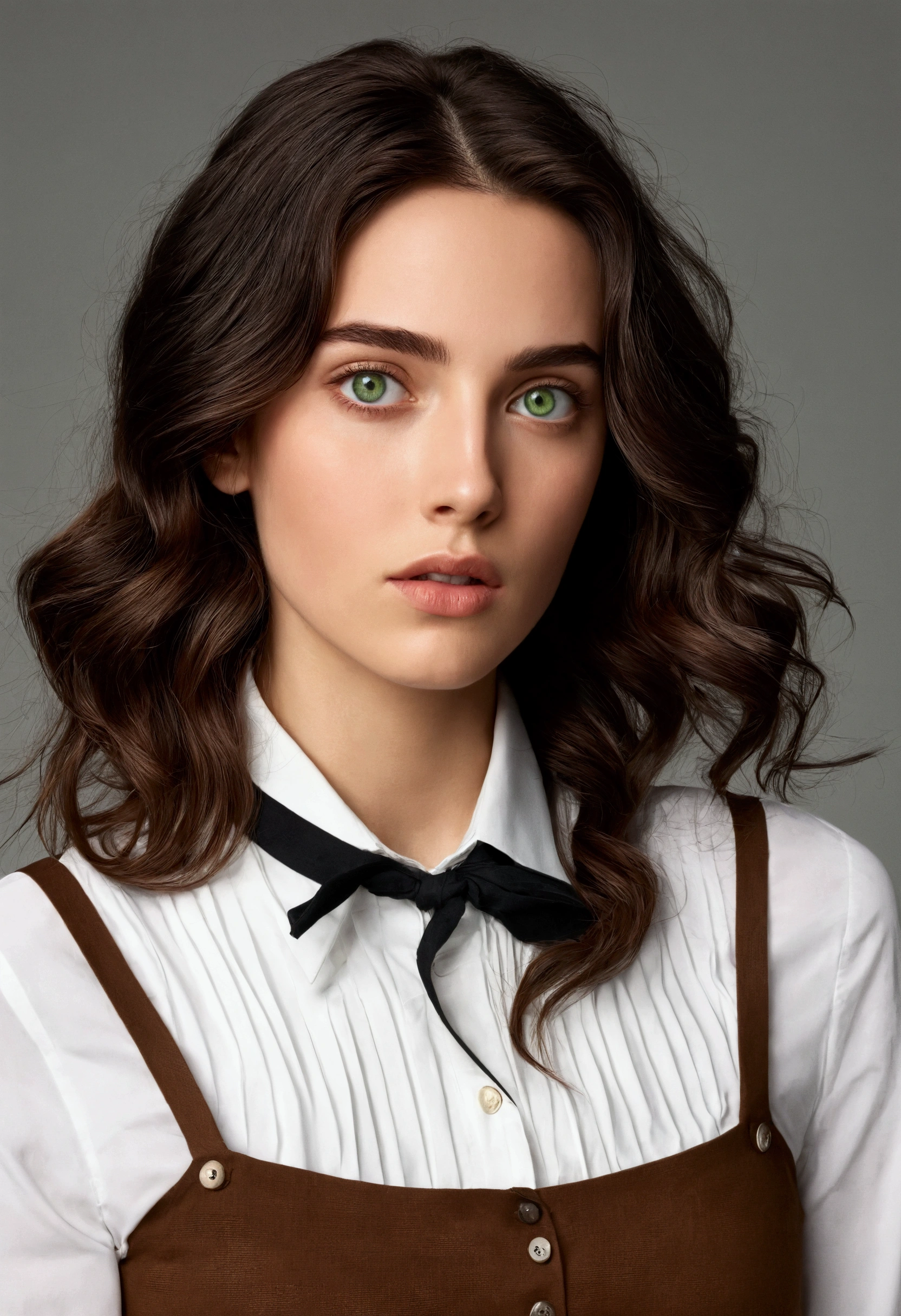 Create an image, in the style of drawing for book cover, of a young woman of about twenty-three years old with long hair, brown in color and wavy, green eyes and white skin, she must be in the arms of a man both with a slightly surprised expression, as if she had fallen and he had caught her before it happened. This man must look young too, with white skin and black hair, he must be tall and have an athletic body, broad shoulders and steady hands. Your face should be masculine with strong eyebrows and dark eyes.. Men's hair should be slightly wavy, almost smooth and black in color. She should be wearing a black pleated skirt above the knees with an ivory colored button-down long sleeve blouse., over the shirt she must be wearing a brown sleeveless sweater and tractor moccasin shoes, and he must be wearing a white button-down shirt tucked into his black pants, his shirt sleeves should be rolled up to about the elbow and a brown oxford dress shoe. The image should convey a youthful and fun air., She should look like a young lady who is flustered and surprised by the situation and he should look like a firm, sarcastic man who is pleasantly surprised by the situation.