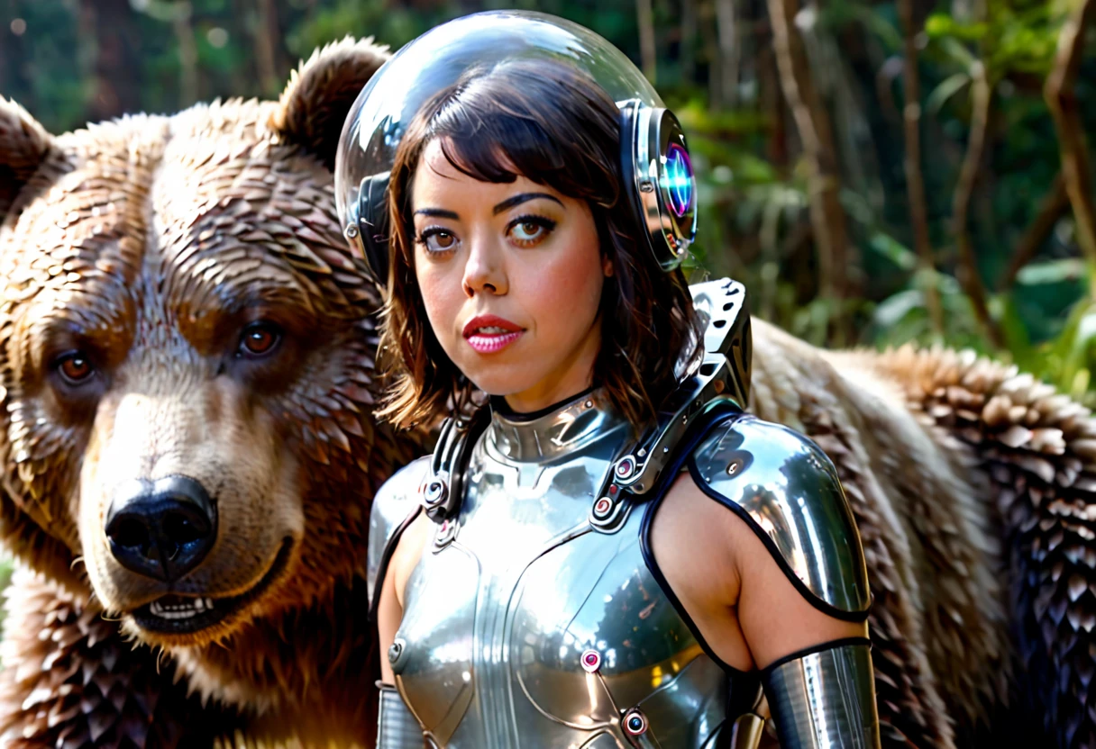 a beautiful girl (aubrey plaza) in a 60s sci-fi styled spacesuit, sexy silver space swimsuit, bubble helmet, fancy electronic tools, being guarded by her (brown bear cyborg companion, blinking lights, mechanical components) in a bubble helmet, on an alien world, 8k, extremely detailed, photorealistic, cinematic lighting, vibrant colors, concept art style
