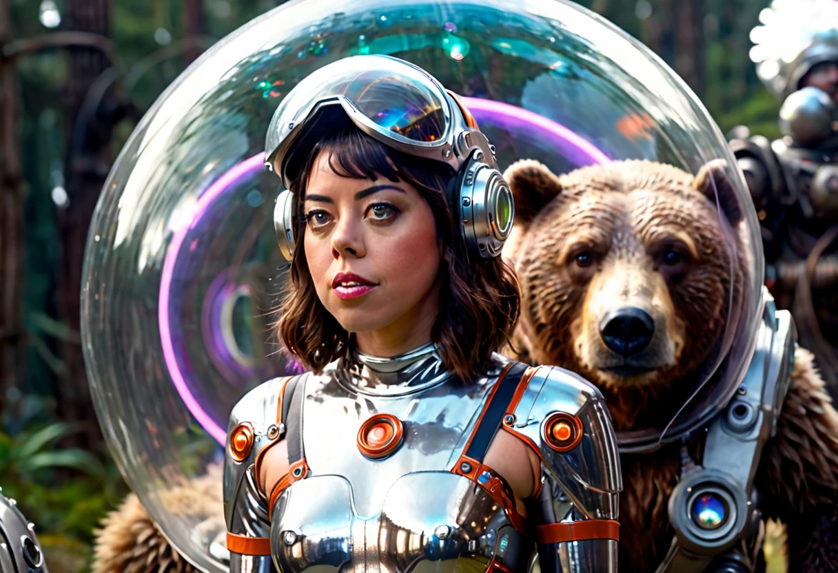 a beautiful girl (aubrey plaza) in a 60s sci-fi styled spacesuit, sexy silver space swimsuit, bubble helmet, fancy electronic tools, being guarded by her (brown bear cyborg companion, blinking lights, mechanical components) in a bubble helmet, on an alien world, 8k, extremely detailed, photorealistic, cinematic lighting, vibrant colors, concept art style
