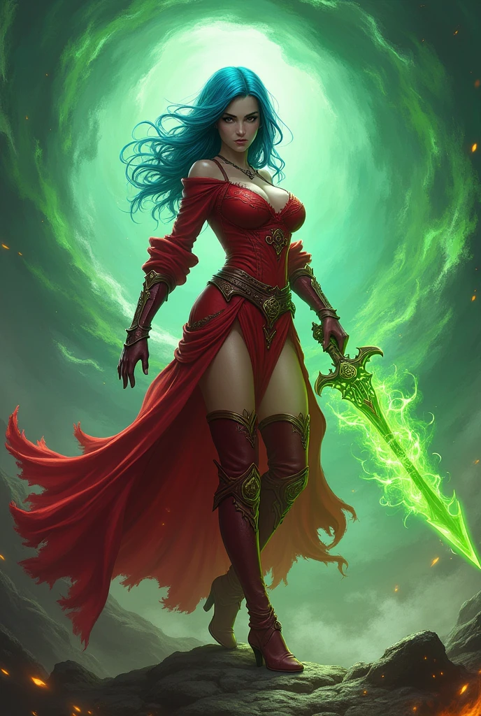 Busty red mage, blue hair, thigh high boots, green fire sword