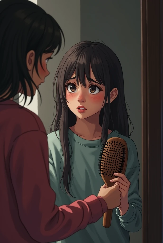 A girl is requesting and crying in front of her sister and telling her not to tell any thing to mother. The 14 year girl has a hairbrush in her hand.