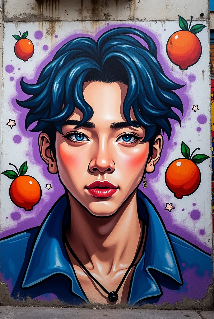 Graffiti on written wall: We love you Min Yoongi. Add small drawings of tangerines and purple details.