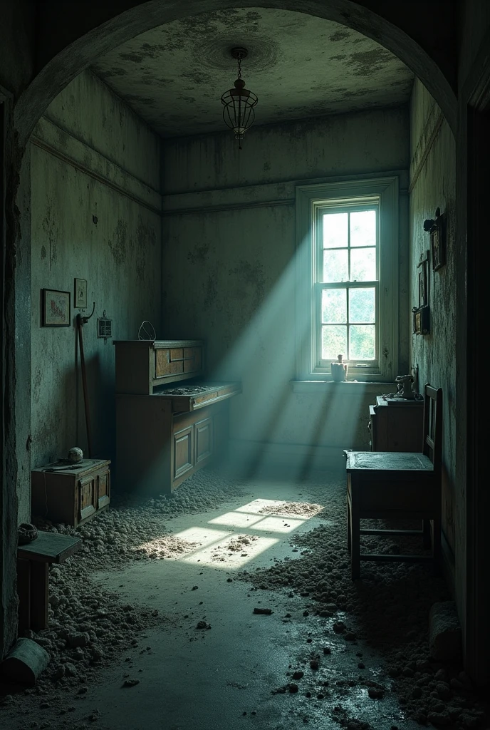 1. **Haunted House Basement**: The walls of the room should appear worn and old, with a layer of dust accumulating in the corners.