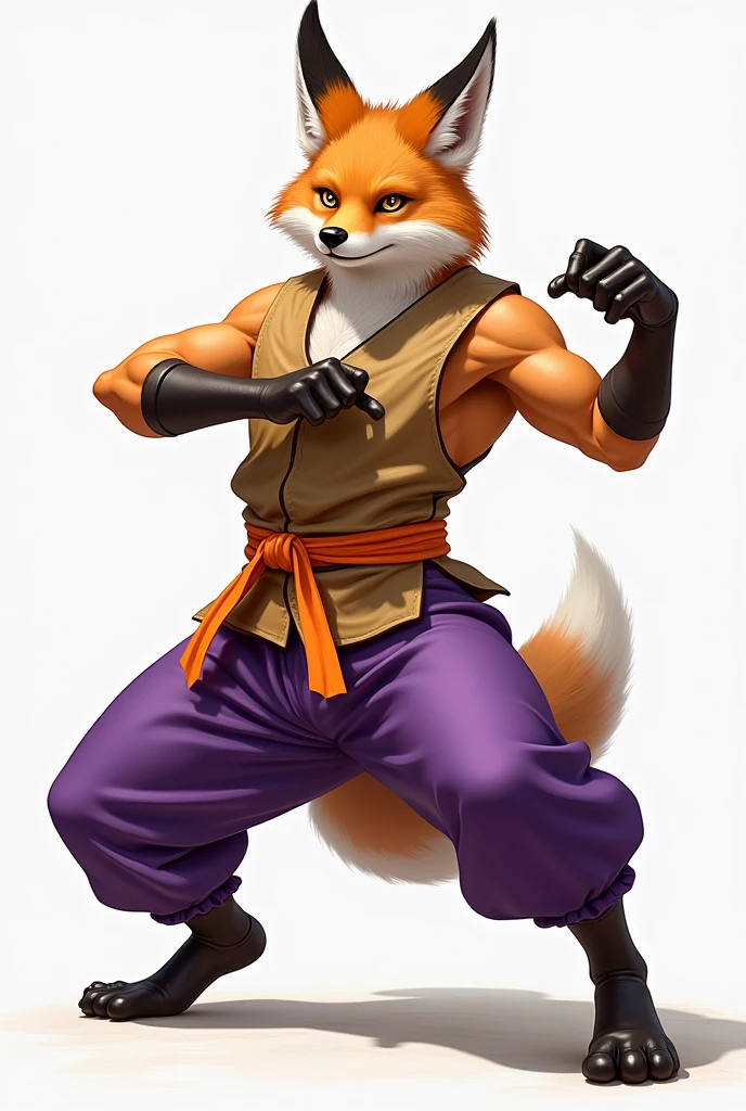 A Sechuran fox. Wearing a Tan vest with orange belt and purple sweatpants. Doing a Pencak silat pose. 