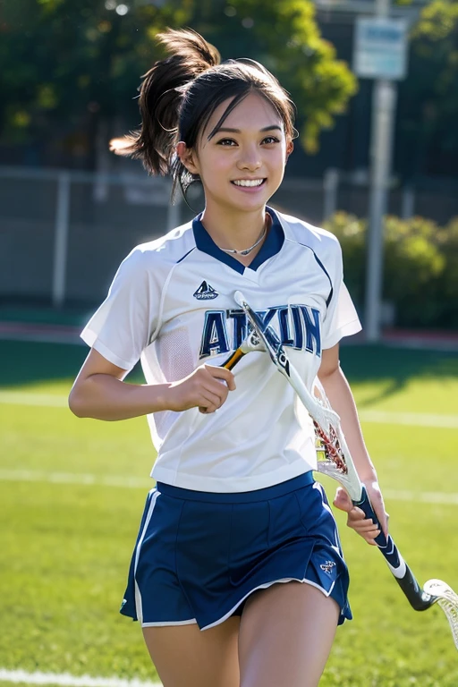 (8k, RAW photo, best quality, masterpiece), (photorealistic), outstanding details, ultra-high resolution, anatomically correct, textured skin, (Extremely precise and accurate anatomy),
Ultra Detailed Face, Detailed Eyes,
(Cute Japanese girl),
Lacrosse player, tanned skin, smiling face, holding Lacrosse stick, Running, Ponytail, Field lacrosse,
big Breast,
(backlighting),
reflection light,
atmospheric perspective, depth of field,
(dramatic lighting), cinematic lighting,