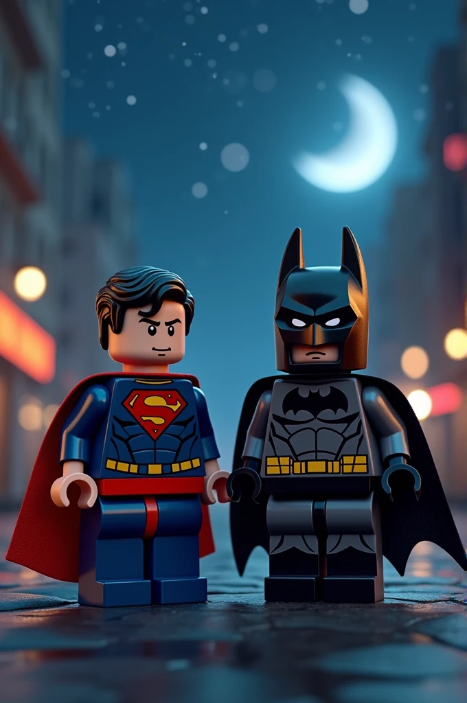 Superman and Batman in Lego art, at night.