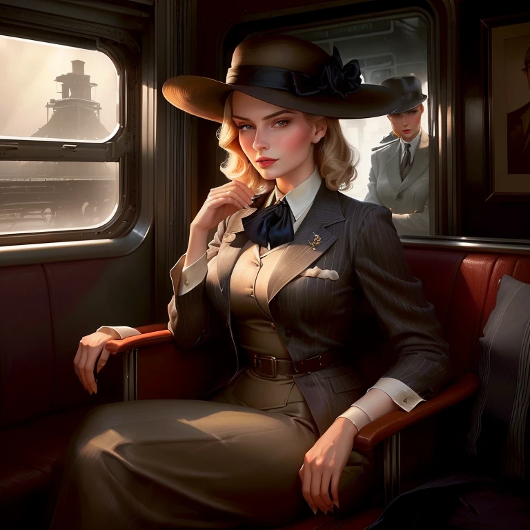 stylized image of a woman in a hat and suit, sitting on the train, dressed like in the 1940s, based on Raymond Leach, inspired by Art Frahm, digital art of elegance, Adventurer of the 40s, epic and cool portrait, Beautiful character art, Elegant woman, gorgeous woman, Elegant lady, ( ( Mads Berg ) )