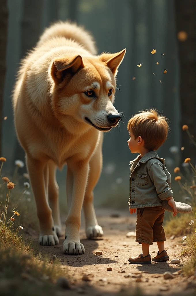 ((best quality)), ((masterpiece)), (detailed), perfect faceمنظر 2: APPEARANCE OF THE DOG Suddenly a dog appears looking at the boy. The dog starts moving towards the boy.
