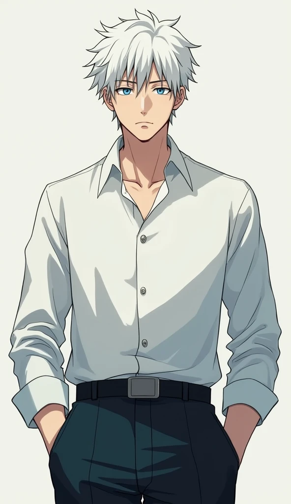 OK, create a man character in the style of the anime Jujutsu Kaisen with 1.80m 1 White hair Blue eyes With a more neutral background No rays Japanese high school student clothes,male,man