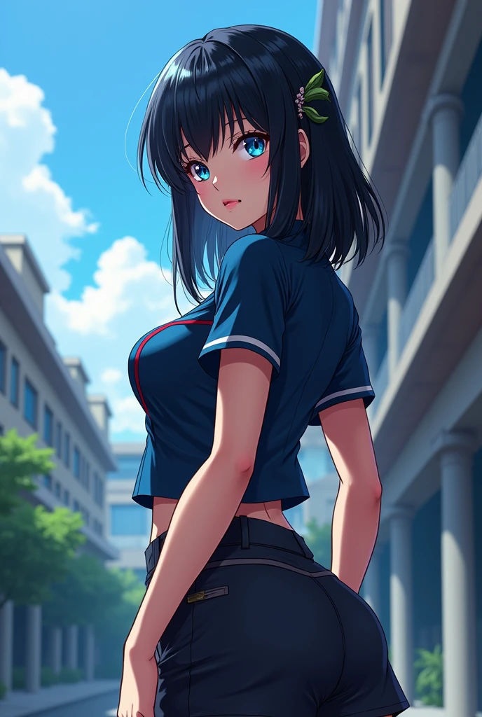 style: my hero academia pretty face, with bright blue eyes similar to Satoru Gojo's, lips with a little lipstick. Black colored hair, a little below the shoulders and straight, the thin body, with a little bust and a little big butt and tall. He is wearing the U uniform.A.