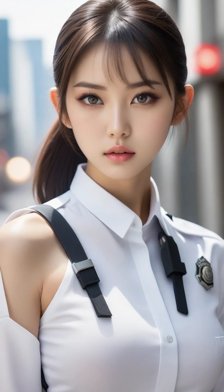 8k, Ultra-high resolution, Highest quality, masterpiece, 三分割法によるphotograph,Surreal, photograph, 1 , (:1.3), cute, cute顔, 細部までBeautiful Eyes, 細かくdetailedに,masterpiece,One Girl:1.2,Japanese women,Policewoman,upper body,glaring,Black short hair,High ponytail,ID photo,(Police officer of the future:1.3),cyber punk,Future City,white collar,((Fusion of humans and androids))(Beautiful attention to detail),Subtle details, detailedな顔,anger,Attractive eyes,(ポートレートphotograph:1.4),(Photorealistic images:1.4),Fantasy art,(Beautiful Face:1.4),美しくAttractive eyes、Beautiful Eyes,Silver residue,(Tight waist:1.4)、(Beautiful with perfect body proportions:1.4),Pink Lips,profile,(((Ideal body type))),A-cup small breasts :2,、Portraiture:2、Perfect Anatomy、鮮明なdetailed、detailed,Fashion magazine cover,Thin lips,完璧でBeautiful Face ,完璧でcute顔, Skin with attention to detail, Perfect limbs、Narrow waist,Surreal,Light and shadow,spotlight
