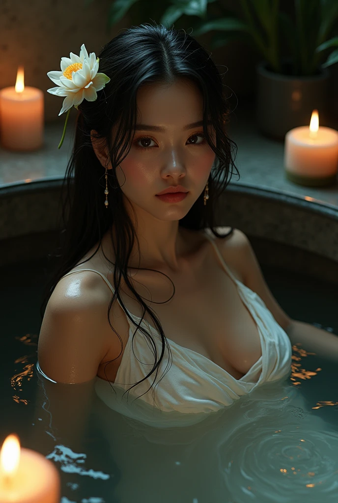 A woman with long, wet hair is relaxing in a dark, tranquil bath surrounded by soft candlelight. Water droplets cascade down her face, enhancing the serene atmosphere. She wears a loose, flowing garment that partially covers her shoulders and embraces a natural floral accessory in her hair. The scene is accentuated by the gentle ripples in the water and the presence of a floating lotus flower nearby.