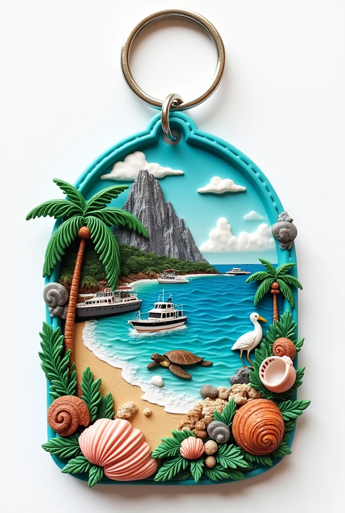 rubber keychain, as if it were high relief, tourist attractions of the city, has as its main feature a mountain of stone, beachfront, coconut tree, sea turtle, heron, big fishing boat, shell shell and snail shell