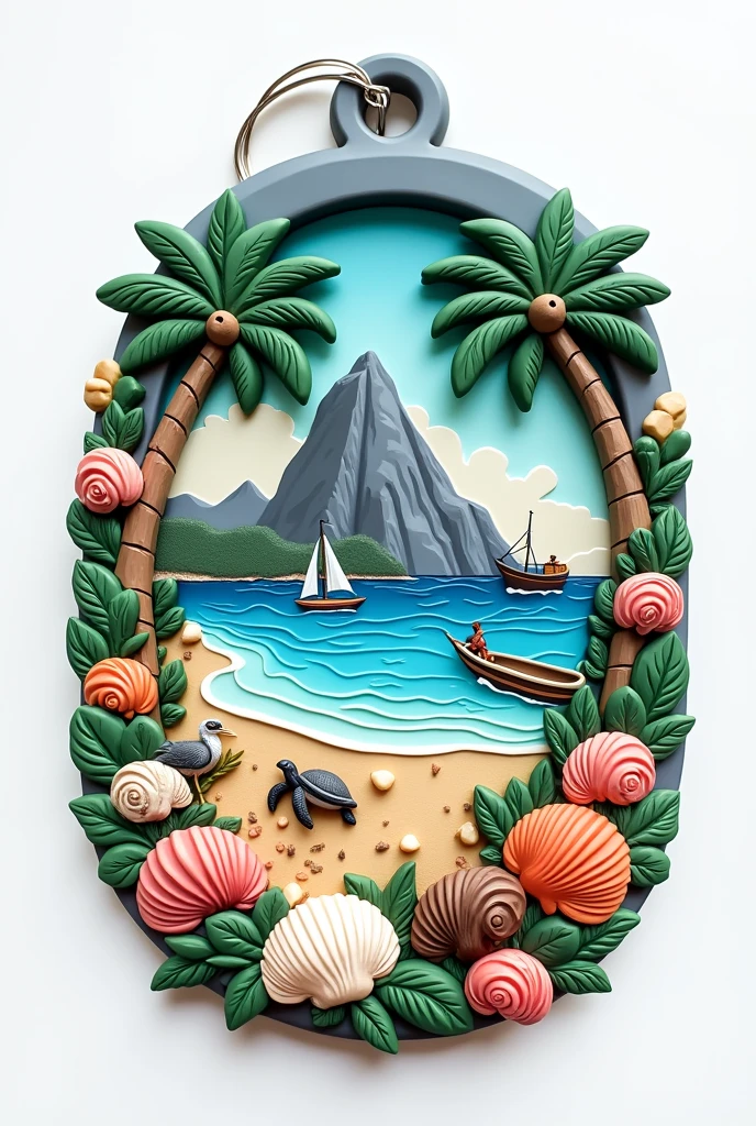 rubber keychain, as if it were high relief, tourist attractions of the city, has as its main feature a mountain of stone, beachfront, coconut tree, sea turtle, heron, big fishing boat, shell shell and snail shell