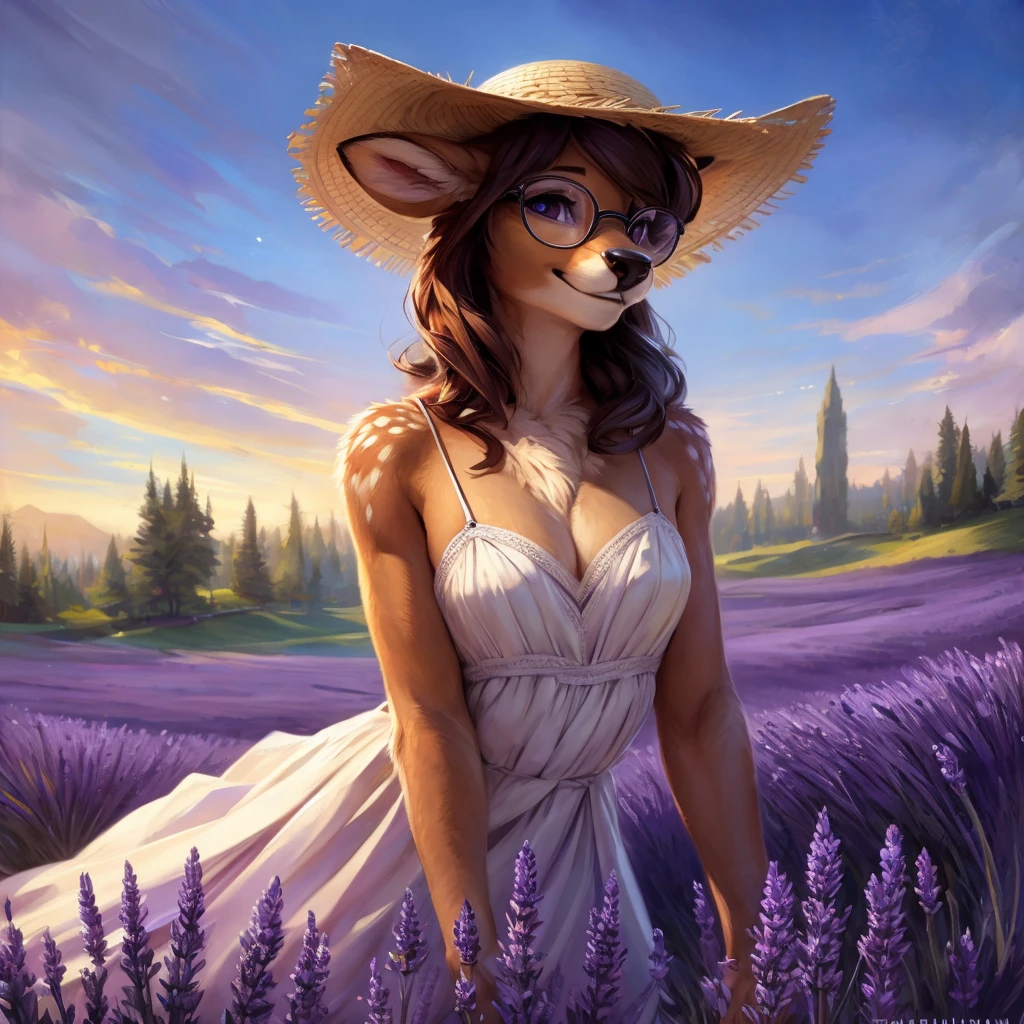 uploaded on e621, artstation, by Pixelsketcher, by Bayard Wu, by Thomas Benjamin Kennington , by Einshelm, by hioshiru and kenket, Chunie, portrait, solo anthro female deer doe, with small featureless breasts, clear dark blue, cinematic lighting, day, sunny day, lavender field, stays in a lavender field, lavender field background, mediterranean background, horizon background, shiny, shoulder long curly dark brown hair, wears big black nerd glasses, very very beautiful furry art, furry art, smiling, joyful, shiny, happy, feminine, cute face, muzzle, fluffy chest, flawless face, Fallow deer, 1girl, Sakimichan is beautiful, Masterpiece, Wavethesallow Face, shiny, Detailed image, portrait, Detailed image, portrait, full body, wears white spaghetti straps summer dress, wearing beige summer straw hat, shiny, realistic face, perfect anatomy, hourglass body, (furry body:1.1), anthropomorphic deer, looks at the viewer, small fluffy tail, detailed background, (cute anatomy:1.1), walks in a lavender field, a few cypress trees in the background, few lavender flowers in hair
