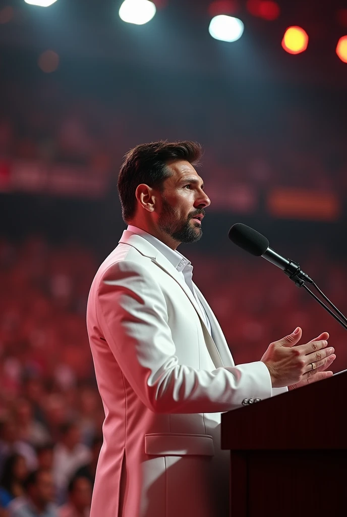 Messi is a political party leader. Messi is speaking in front of a crowd at a political conference wearing white dress.messi's face must be in front of camera