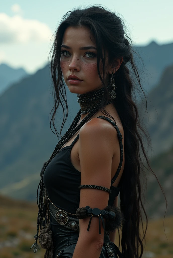 An indigenous girl, long hair, blue eyes, freckles
Curvy body, Wearing a sexy emo aesthetic outfit, closeup, mountain