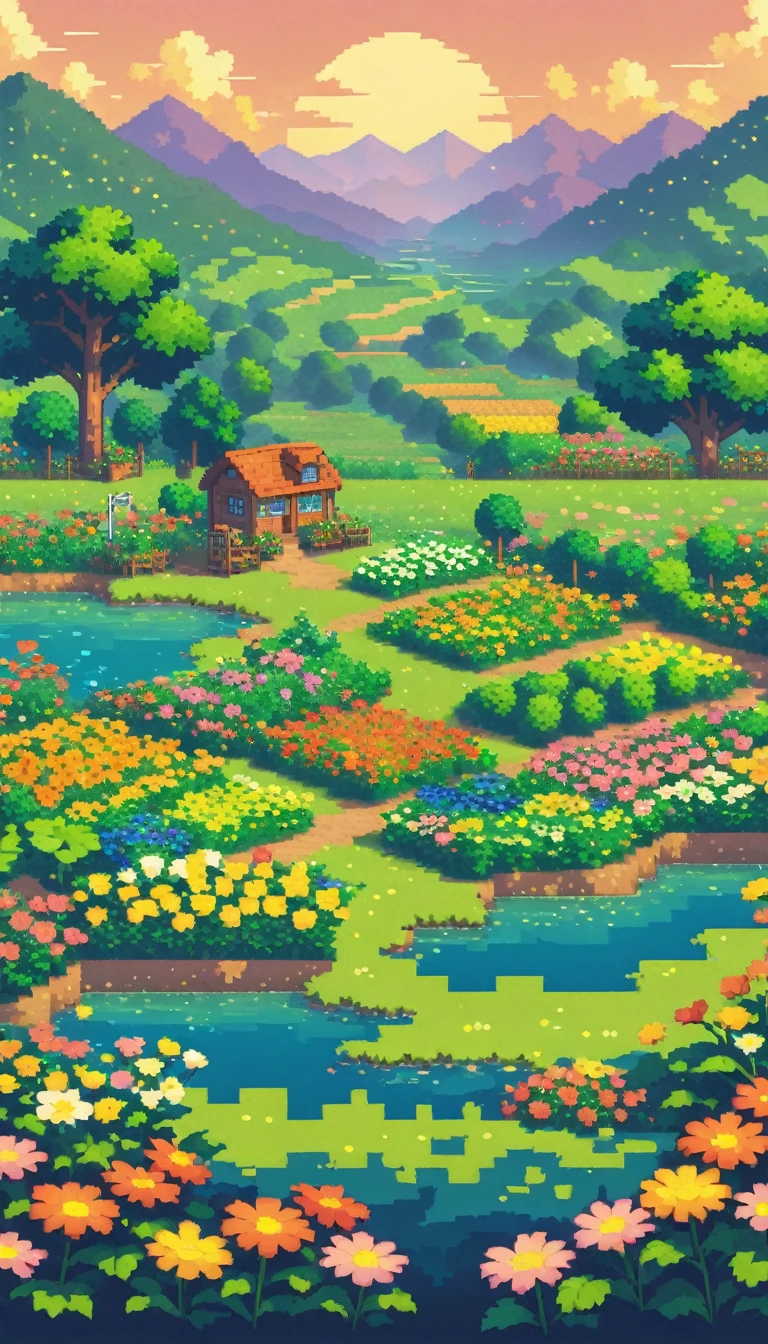 ultrawide landscape lofi stardew valley pixel, Flower garden, No people