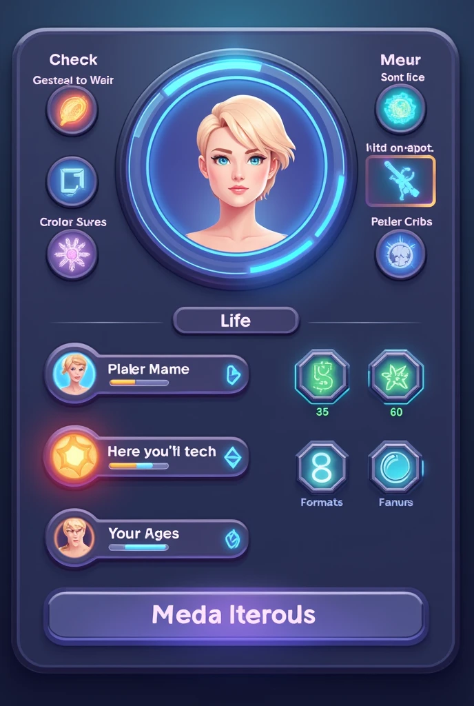 (Menu and User Interface of a Game UI/GUI),Flat 2D effects, life and xp bar,a round frame for the player's photo and powers (SEPARATE ETS SO THEY CAN BE USED IN GAME)