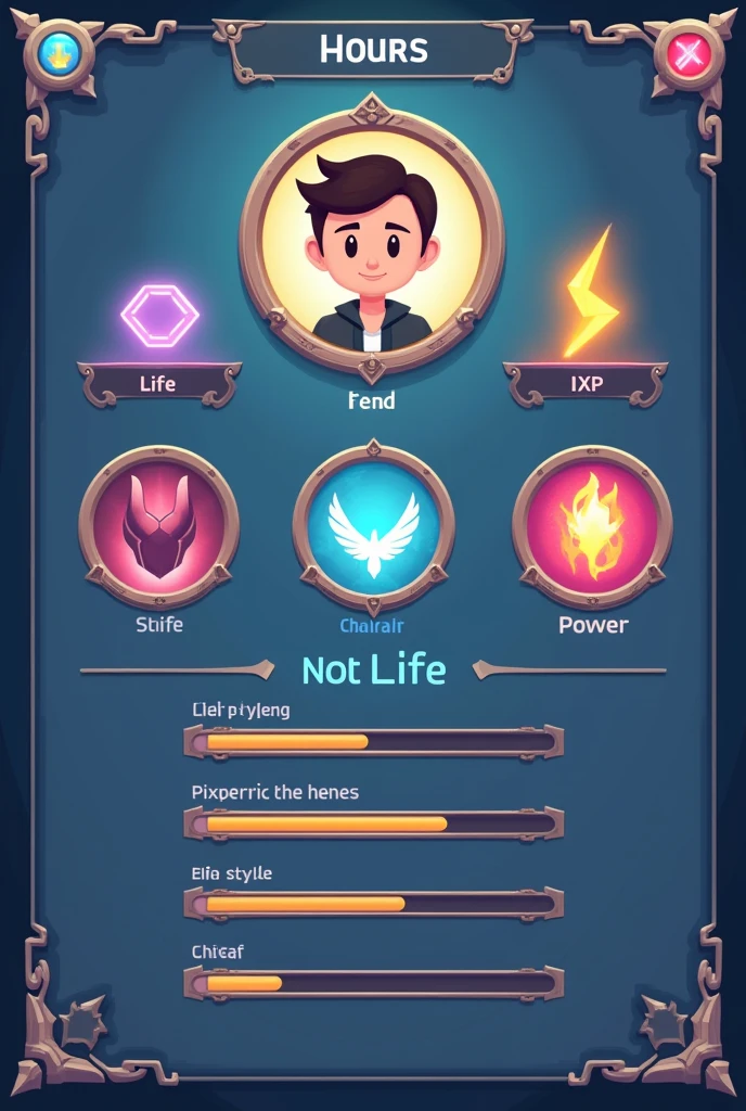 (Menu and User Interface of a Game UI/GUI),Flat 2D effects, life and xp bar,a round frame for the player's photo and powers (SEPARATE ASSETS SO THEY CAN BE USED IN GAME)