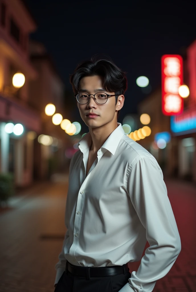 sex, masculine, Age 28 years, (Model, Byeon Woo-seok, South Korean celebrities), (bestquality:1.2, 8k resolution, highres:1.2), (asian, korea, handsome:1.4), White shirt, Short black hair, Good looking, Wearing glasses, Fair-skinned, Formal dress code, (On the road at night:1.4), nighttime, bar, dim lighting, deserted, HD 8k images, master-piece:1.2, A confident smile, Shapely,