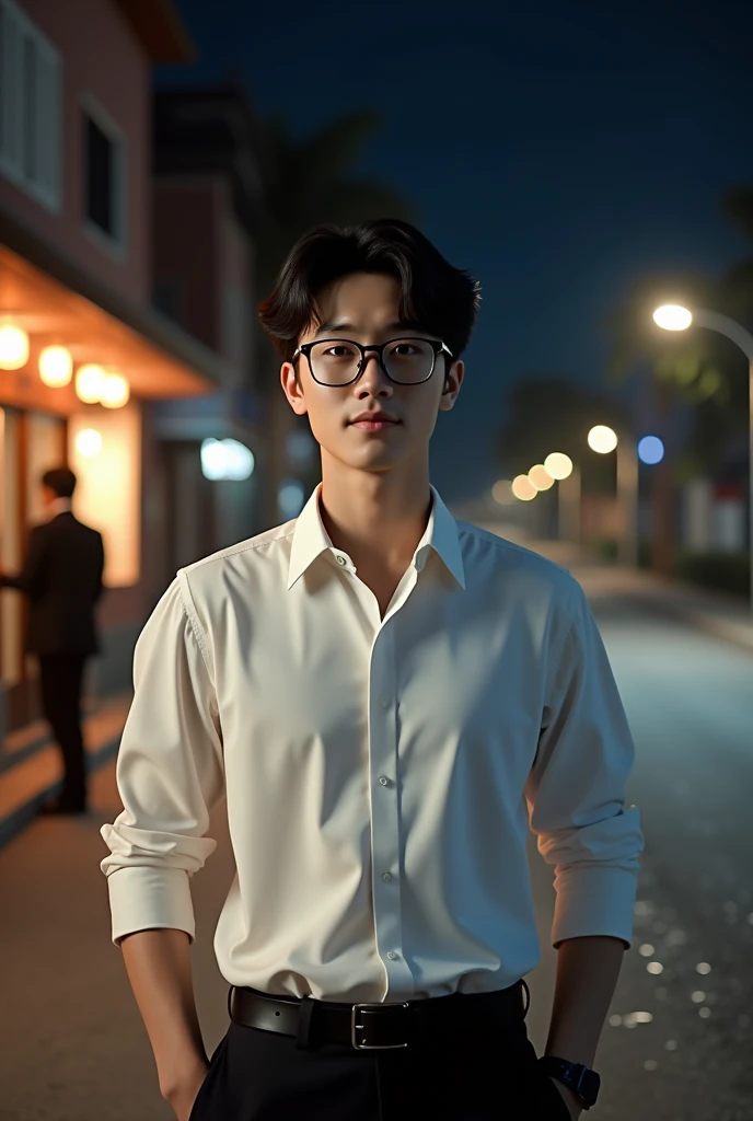 sex, masculine, Age 28 years, (Model, Byeon Woo-seok, South Korean celebrities), (bestquality:1.2, 8k resolution, highres:1.2), (asian, korea, handsome:1.4), White shirt, Short black hair, Good looking, Wearing glasses, Fair-skinned, Formal dress code, (On the road at night:1.4), nighttime, bar, dim lighting, deserted, HD 8k images, master-piece:1.2, A confident smile, Shapely,