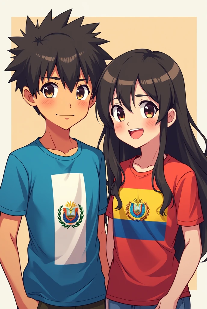 GUATEMALAN MAN AND ECUADORIAN GIRL WITH t shirt FLAGS as a anime character for a profile picture