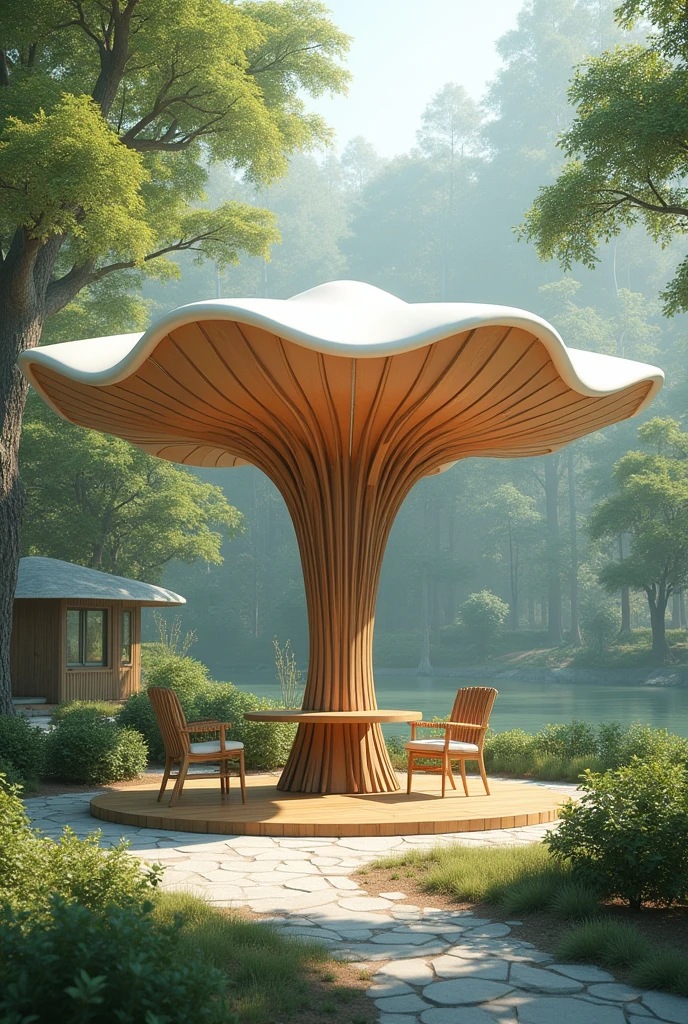 throw a rest pavilion with chairs and table underneath and the roof is shaped like a flower and the support is the stem of the flower show me the same photo but in structure 