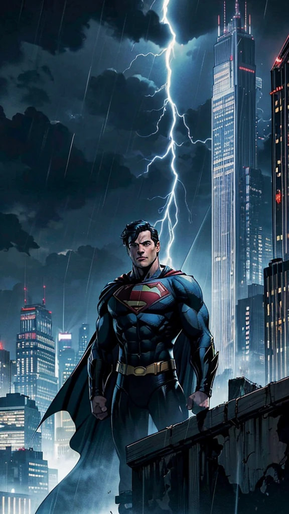 Philosophical Showdown: Imagine a heated exchange between Superman and Batman atop a tall Gotham skyscraper, lightning crackling in the stormy sky behind them. Superman pleads with Batman, his voice calm but urgent, “There’s always hope, Bruce. People can change.” Batman, shrouded in darkness, responds coldly, “Not everyone. Some need to be reminded of what they fear.” The rain beats down on them, symbolizing the intensity of their conflicting beliefs. The tension is palpable as each hero is convinced of their own righteousness, embodying the eternal struggle between compassion and discipline.