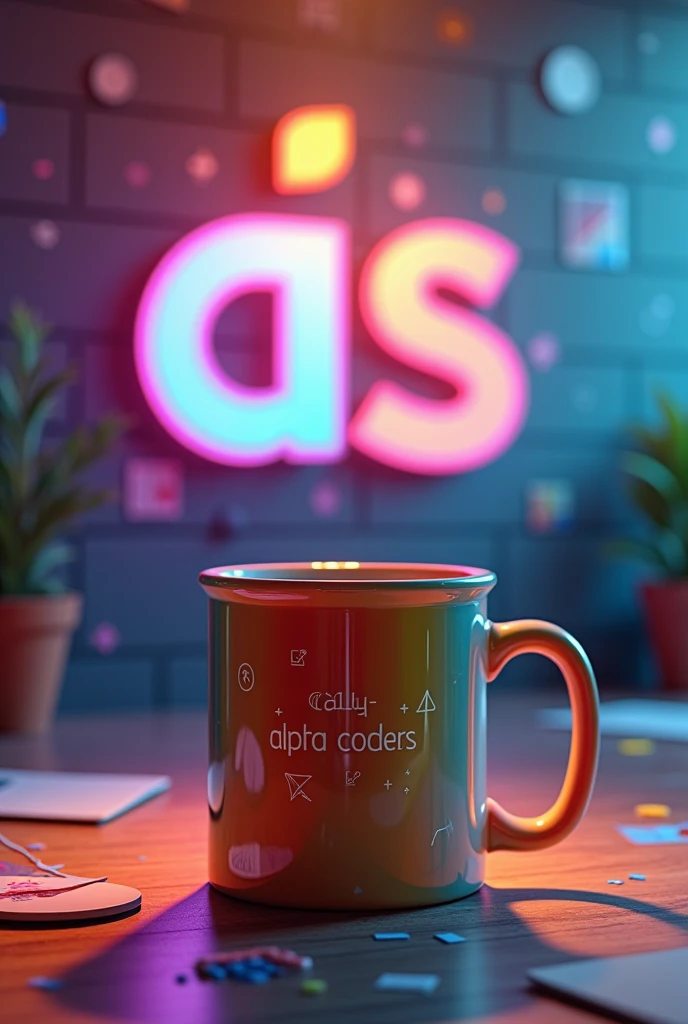 Coffee mug with a youthful design, with an engraving that says "alpha C0ders", which reflects youth, intelligence, perseverance, courage. In the background a wall with a large painting with the ((logo of the JavaScript programming language))